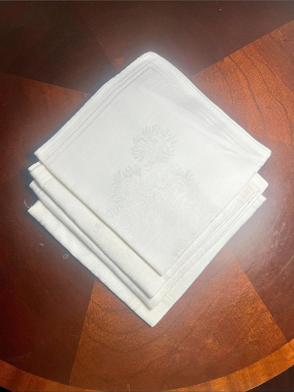 White Floral Jacquard Table Linens 16” square Chrysanthemum pattern